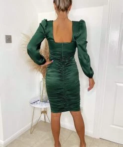 AX Paris Green Satin Square Neck Ruched Dress Dresses