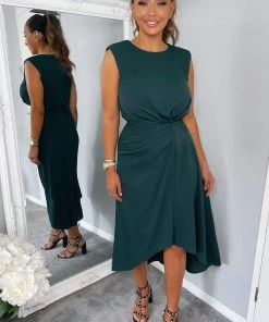 AX Paris Dresses Teal Gathered Midi Dress With Padded Shoulders