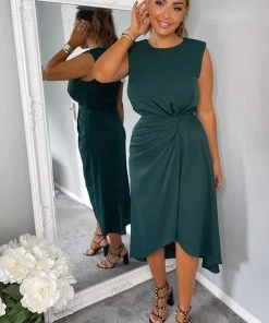 AX Paris Dresses Teal Gathered Midi Dress With Padded Shoulders