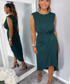 AX Paris Dresses Teal Gathered Midi Dress With Padded Shoulders