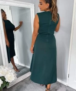 AX Paris Dresses Teal Gathered Midi Dress With Padded Shoulders