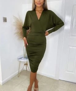 AX Paris Olive Ruched Wrap Top Midi Dress