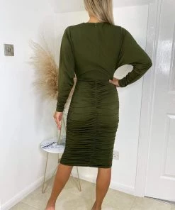 AX Paris Olive Ruched Wrap Top Midi Dress