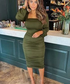 AX Paris Dresses Olive Square Neck Ruched Midi Dress