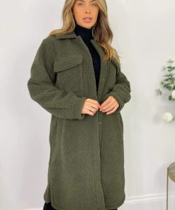 AX Paris Coats & Jackets Khaki Oversized Teddy Faux Fur Front Pocket Coat