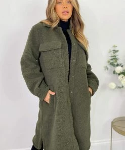 AX Paris Coats & Jackets Khaki Oversized Teddy Faux Fur Front Pocket Coat