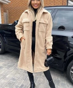 AX Paris Oatmeal Oversized Teddy Faux Fur Front Pocket Coat Coats & Jackets