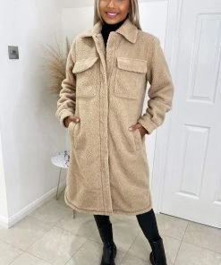 AX Paris Oatmeal Oversized Teddy Faux Fur Front Pocket Coat Coats & Jackets