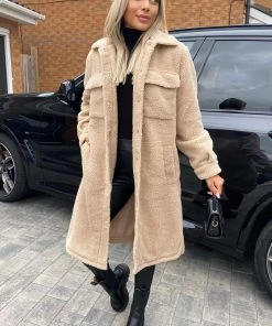 AX Paris Oatmeal Oversized Teddy Faux Fur Front Pocket Coat Coats & Jackets