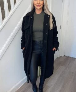 AX Paris Coats & Jackets Black Oversized Teddy Faux Fur Front Pocket Coat