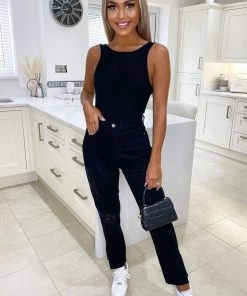 AX Paris Black Ripped Split Hem Jeans