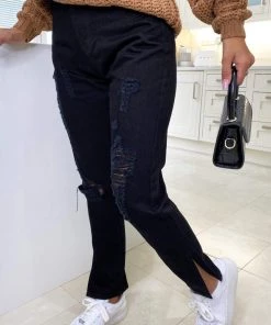 AX Paris Black Ripped Split Hem Jeans