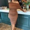 AX Paris Camel Off The Shoulder Ruched Stretch Midi Dress
