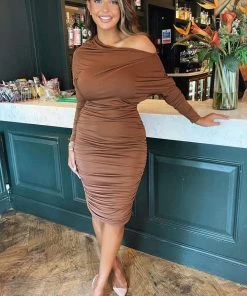 AX Paris Camel Off The Shoulder Ruched Stretch Midi Dress
