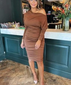 AX Paris Camel Off The Shoulder Ruched Stretch Midi Dress