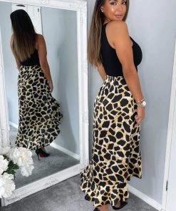 AX Paris Dresses Black Animal Print 2 In 1 Dipped Hem Midi Dress 8 AX Paris Dresses Black Animal Print 2 In 1 Dipped Hem Midi Dress