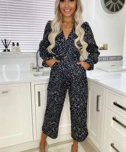 AX Paris Black Dotty Long Sleeve Wrap Over Belted Jumpsuit