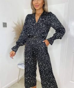 AX Paris Black Dotty Long Sleeve Wrap Over Belted Jumpsuit