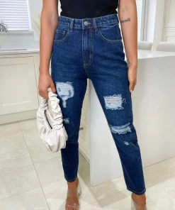 AX Paris Dark Wash Ripped Mom Jeans