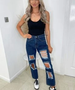 AX Paris Dark Wash Distressed Mom Jeans