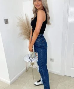 AX Paris Dark Wash Distressed Mom Jeans