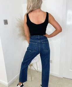 AX Paris Dark Wash Distressed Mom Jeans