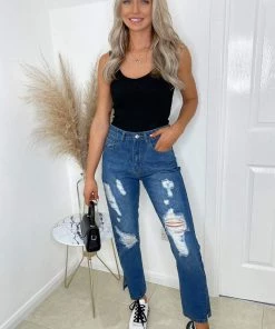 AX Paris Mid Wash Ripped Split Hem Jeans