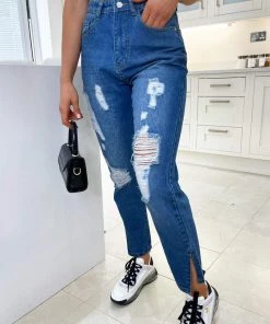 AX Paris Mid Wash Ripped Split Hem Jeans