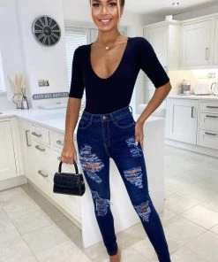 AX Paris Dark Wash Ripped Skinny Fit Jeans