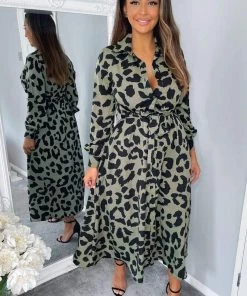 AX Paris Dresses Khaki Animal Print Button Up Midi Dress