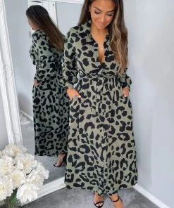 AX Paris Dresses Khaki Animal Print Button Up Midi Dress