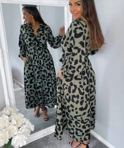 AX Paris Dresses Khaki Animal Print Button Up Midi Dress
