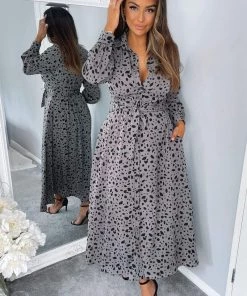 AX Paris Grey Printed Button Up Midi Dress
