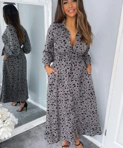 AX Paris Grey Printed Button Up Midi Dress