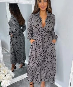 AX Paris Grey Printed Button Up Midi Dress