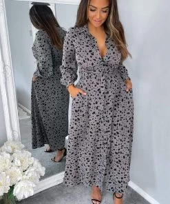 AX Paris Grey Printed Button Up Midi Dress