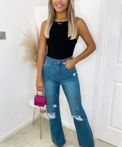 AX Paris Mid Wash Ripped Flared Jeans