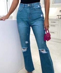 AX Paris Mid Wash Ripped Flared Jeans