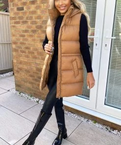 AX Paris Camel Drawstring Hooded Gilet Coats & Jackets