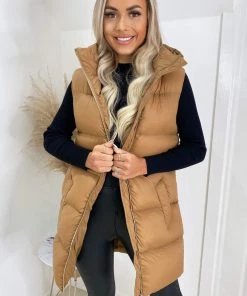 AX Paris Camel Drawstring Hooded Gilet Coats & Jackets