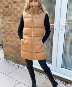 AX Paris Camel Drawstring Hooded Gilet Coats & Jackets
