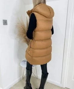 AX Paris Camel Drawstring Hooded Gilet Coats & Jackets
