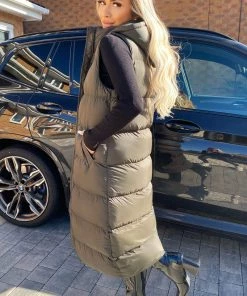 AX Paris Khaki Zip Up Hooded Gilet Coats & Jackets