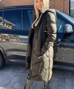 AX Paris Khaki Long Puffer Coat Coats & Jackets