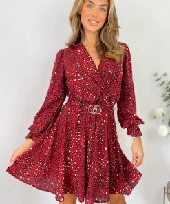 AX Paris Red Printed Wrap Over Belted Skater Dress Dresses