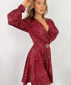 AX Paris Red Printed Wrap Over Belted Skater Dress Dresses