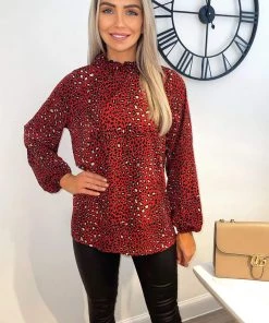 AX Paris Red Printed Ruffle High Neck Top Tops