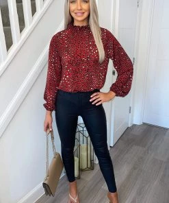 AX Paris Red Printed Ruffle High Neck Top Tops