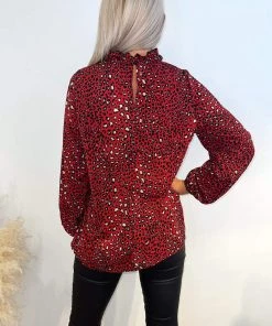 AX Paris Red Printed Ruffle High Neck Top Tops