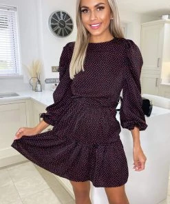 AX Paris Black Dotty Puff Sleeve Pleated Skater Dress 8 AX Paris Black Dotty Puff Sleeve Pleated Skater Dress
